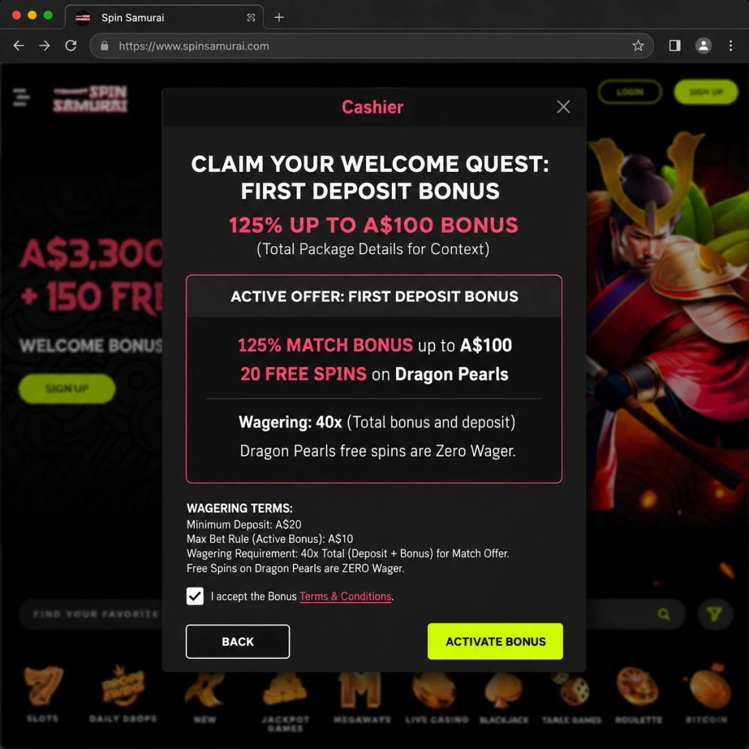 Spin Samurai cashier showing the first-deposit 125 percent match to A$1,500 with 20 zero-wager free spins on Dragon Pearls, the 45x wagering terms at the foot.