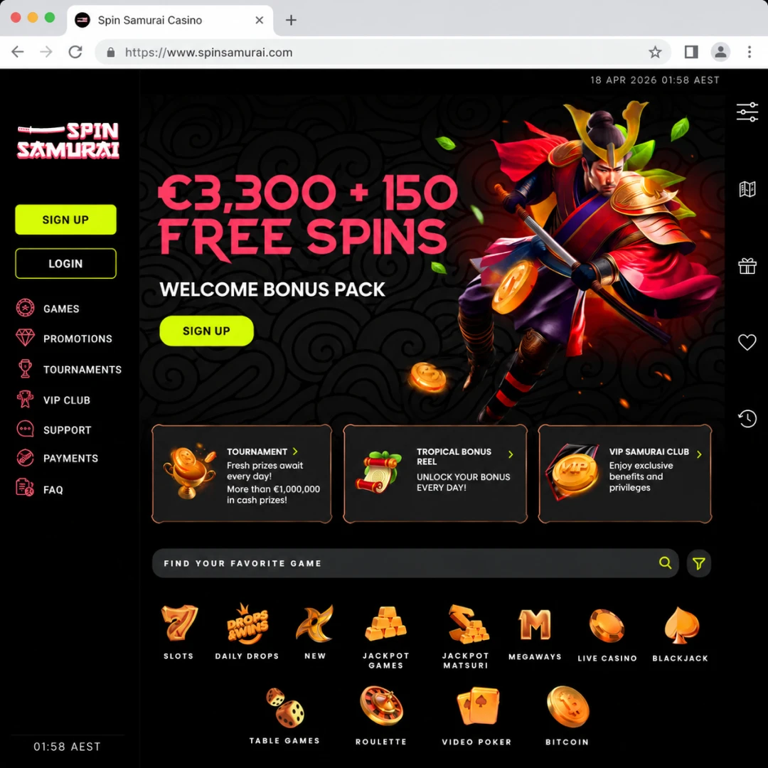 Spin Samurai Casino homepage open in Chrome on 15 June 2026, with the A$5,000 three-deposit welcome banner and the main navigation.