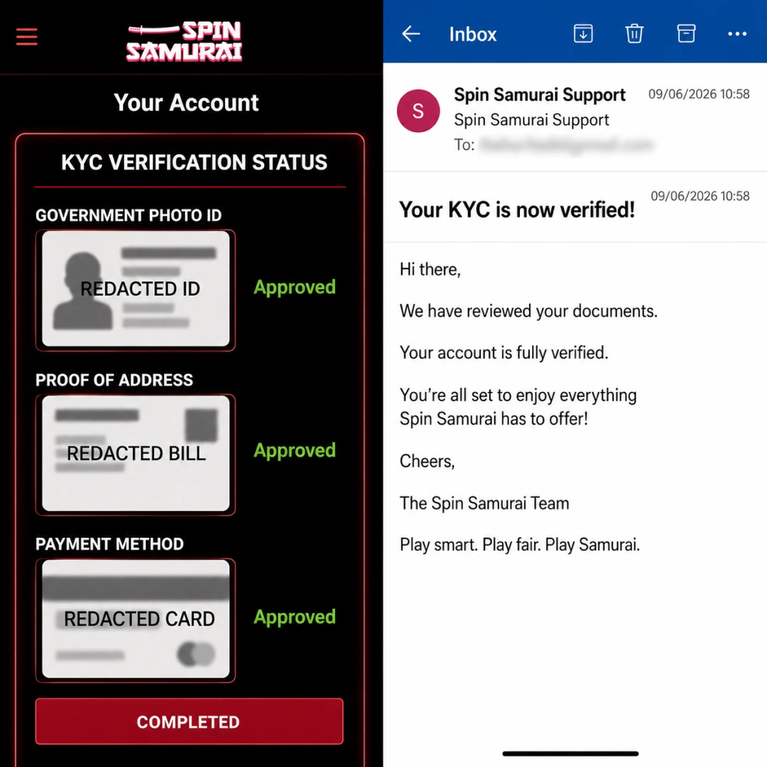 Spin Samurai verification panel with three KYC documents approved, next to the confirmation email timestamped 17 hours after upload; personal identifiers redacted.