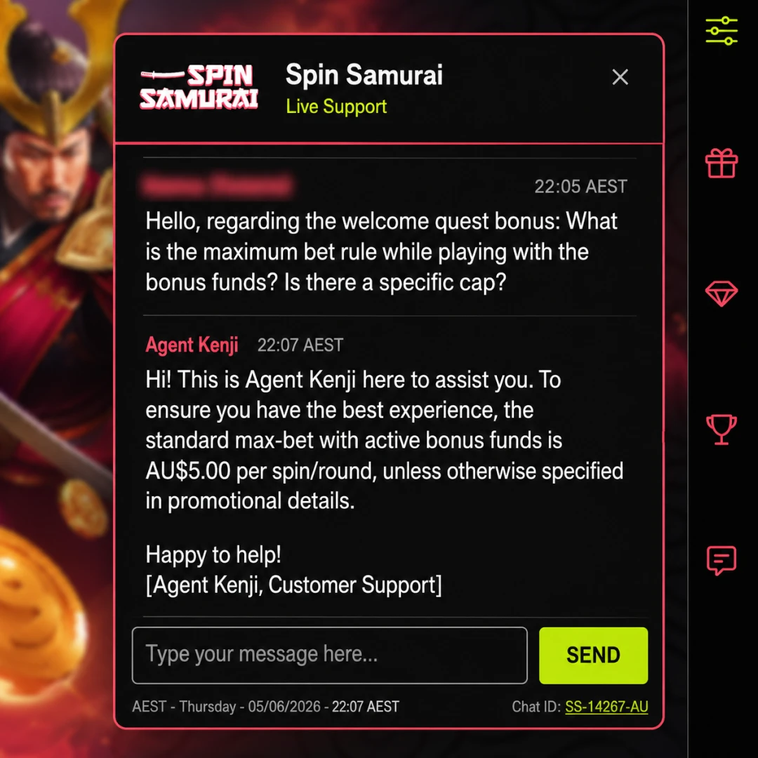 Spin Samurai live-chat transcript at 22:07 AEST on a Thursday: a bonus max-bet question sent 22:05, agent reply 22:07, player name redacted.