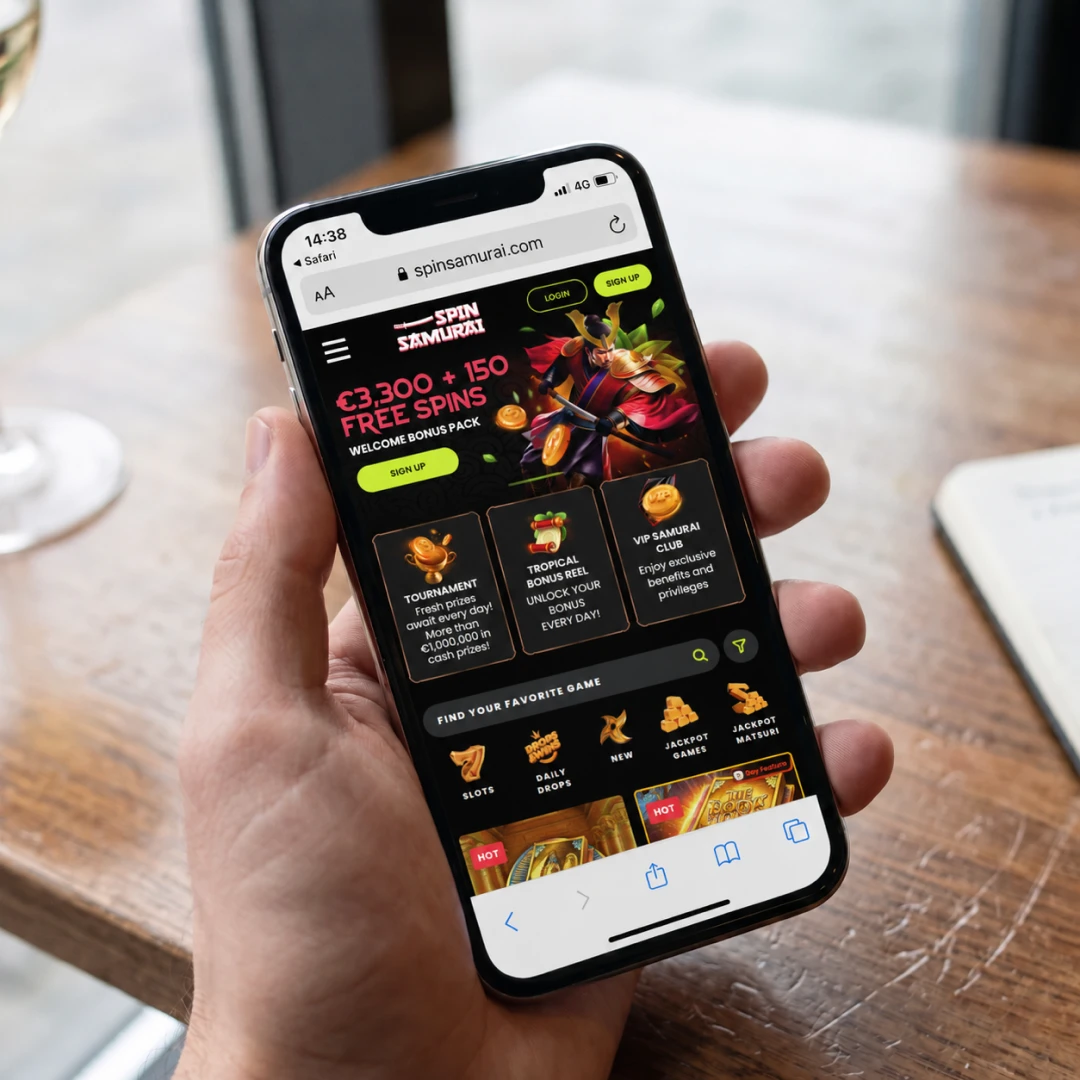 An iPhone 13 in hand running the Spin Samurai mobile casino in Safari over 4G, a pokie spinning in the browser; the status bar shows network and time.