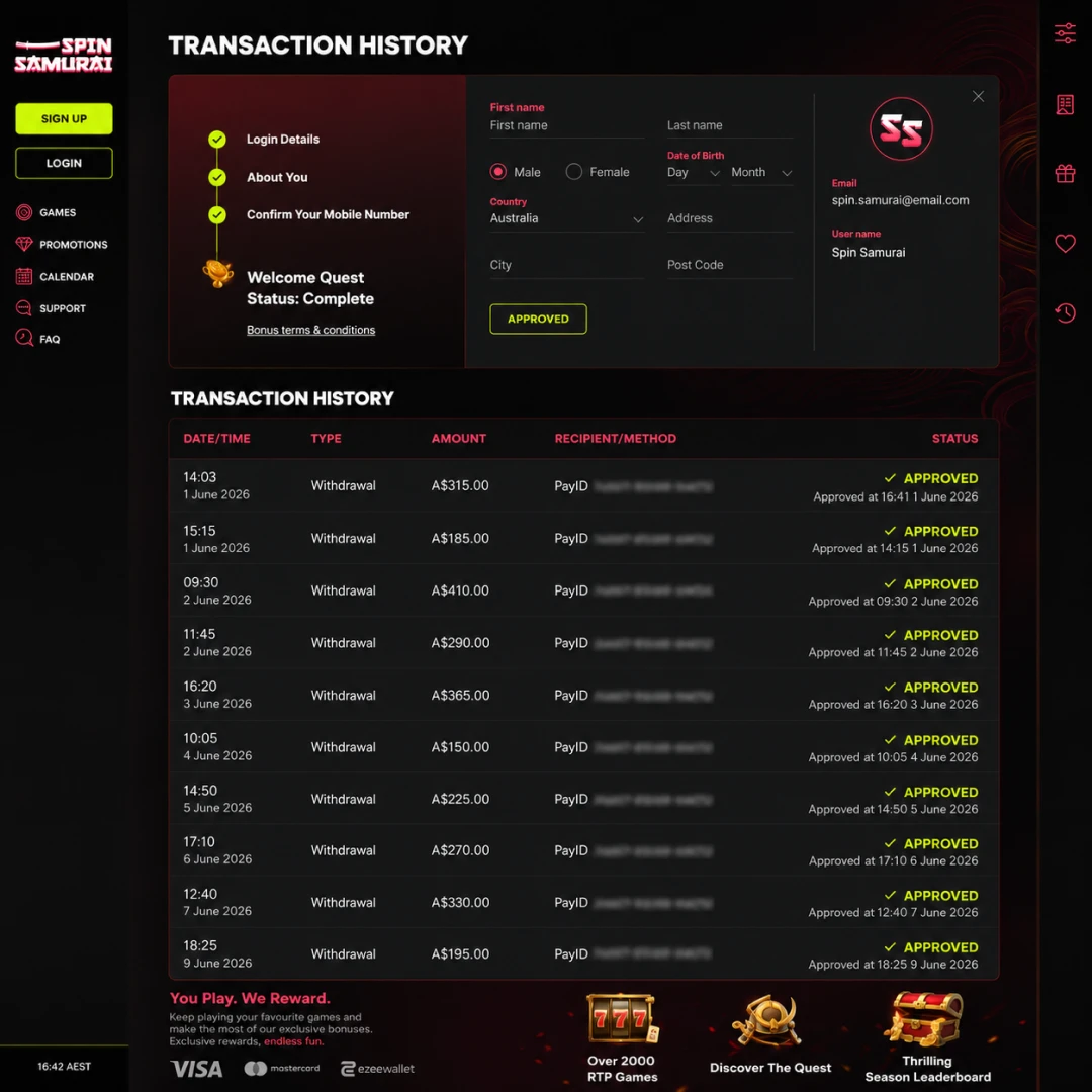 Spin Samurai transaction history showing a A$250 PayID withdrawal lodged 14:03 AEST and approved 16:41; beside it, a mobile-banking alert of AUD 250 credited 16:42, balance blurred.