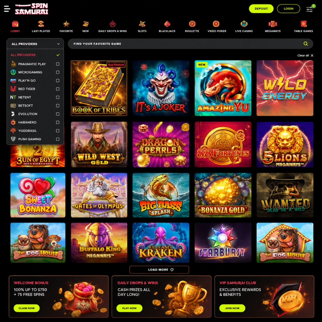 Spin Samurai pokies lobby with the provider filter opened out.
