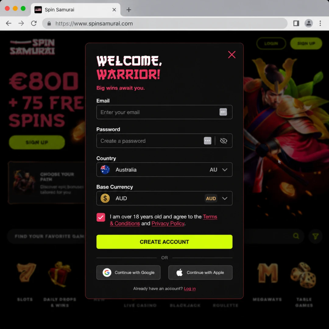 Spin Samurai sign-up form with AUD chosen as base currency and the 18+ age confirmation checkbox; personal data fields redacted.